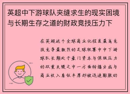 英超中下游球队夹缝求生的现实困境与长期生存之道的财政竞技压力下